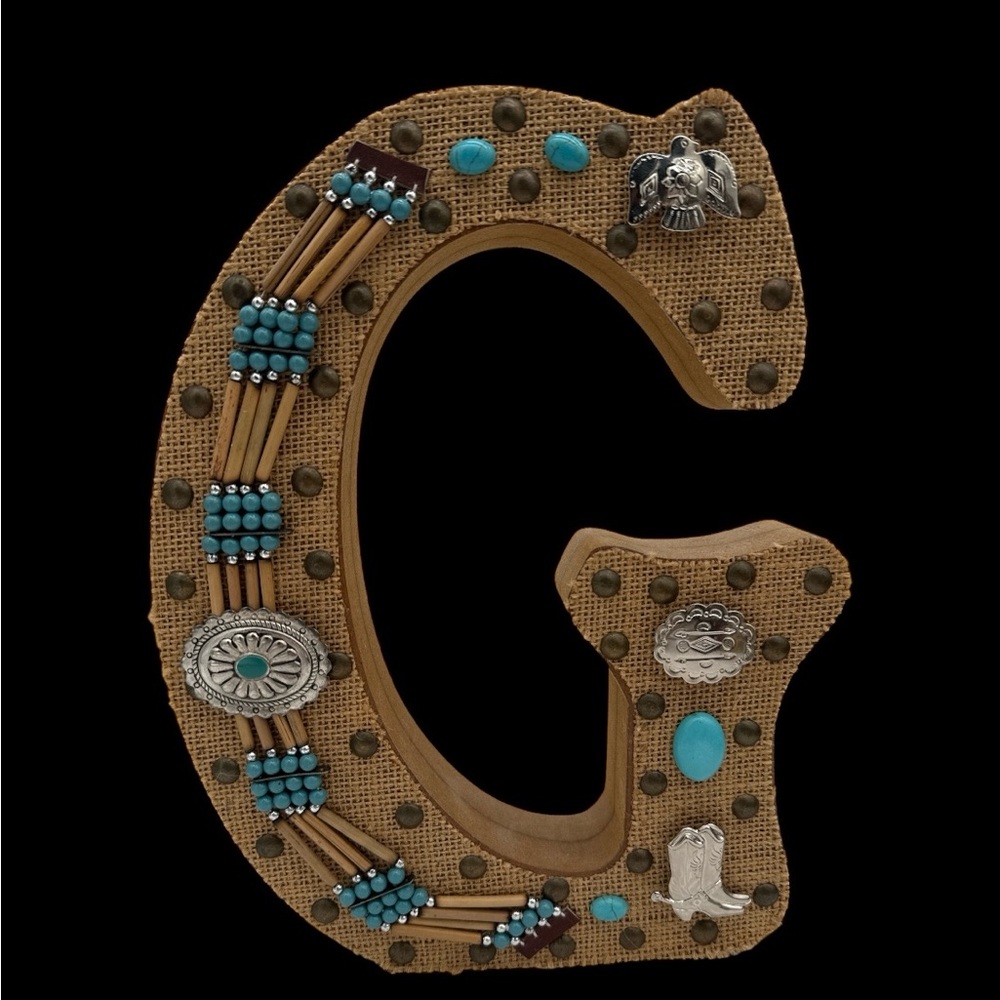 Upcycled Decorative Burlap Letter G with Turquoise and Southwestern Accents